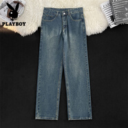 花花公子（PLAYBOY）春秋薄款牛仔褲bf潮牌百搭學(xué)生男士褲子寬松直筒美式水洗休閑長(cháng)褲 復古藍色 L