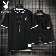 花花公子（PLAYBOY）運動(dòng)套裝男半袖短褲套裝休閑兩件套青少年寬松夏季套裝男裝透氣 黑色套裝 XL （125斤-135斤）