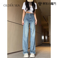 OLDER SEA復(fù)古直筒牛仔褲女夏季款2025新款小個(gè)子高腰拖地褲寬松窄版闊腿褲 復(fù)古藍(lán) M 建議99-112斤