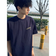 燦圖 潮牌寬松休閑短袖t恤男夏季高級感小眾半截袖上衣重磅純棉體恤衫 藏青色 L 【建議100-120斤】