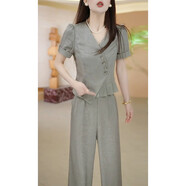 古曦朵高端品牌薄款短袖兩件套女2025年夏季新款媽媽純色休閑闊腿褲套裝 淺灰色兩件套 XL (建議111-120斤)