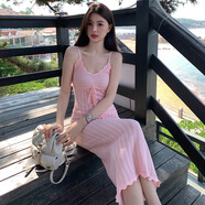 UKUHPK2025夏季韓版女裝V領(lǐng)系帶吊帶毛衣裙包臀針織連衣裙顯瘦長(zhǎng)裙 粉紅色 S