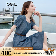 百圖betu女裝2025夏季新款短袖連衣裙泡泡袖撞色皮腰帶牛仔裙2505T76 深牛仔藍 M