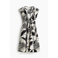 HM女裝連衣裙2025夏新款度假風(fēng)腰部縮褶短袖植物印花長(cháng)裙1280533 白色/黑色圖案 XXS 150/76XXS