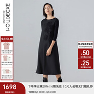 例外（EXCEPTION）新中式女裝春秋款長(zhǎng)裙混紡長(zhǎng)袖繡花A字連衣裙 黑色/99 S