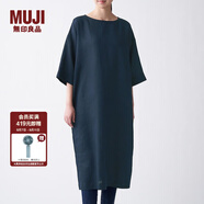 無印良品 MUJI 女式 法國(guó)亞麻水洗 七分袖連衣裙 412688 BCL06C1S 深藏青色 XL