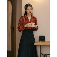 貓容港味女裝復古港風(fēng)連衣裙子80年代懷舊服裝90感穿搭整套裝秋 紅色長(cháng)袖波點(diǎn)襯衣+半身裙 M