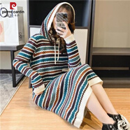 皮爾卡丹（pierre cardin）中長(zhǎng)款復(fù)古民族風(fēng)條紋過(guò)膝毛衣裙女網(wǎng)紅寬松長(zhǎng)袖連帽套頭針織外套 米色 2XL 建議【125-135斤】