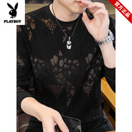 花花公子（PLAYBOY）中青年圓領(lǐng)衛(wèi)衣男士純棉長袖t恤春秋季潮流寬松打底衫秋衣上衣服 5828黑色 M 建議90-110斤