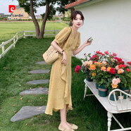 皮爾卡丹（pierre cardin）茶歇法式度假一片式碎花裙女中長(cháng)款2025夏季新款顯瘦不規則連衣裙 黃色連衣裙 新款面料升級版 S 105斤內