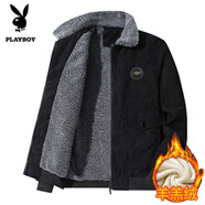 花花公子（PLAYBOY）夾克男春秋外套男士純色燈芯絨上衣休閑服中青年保暖男裝 2122黑色 2XL (140斤-160斤)