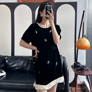 ME HOME YANG【真絲絨貝珠公主裙】手縫貝珠千金顯瘦時(shí)尚休閑連衣裙 法式黑 S (36) 80-100