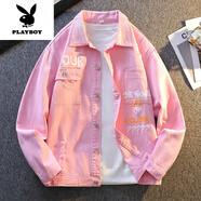 花花公子（PLAYBOY）2025春秋季牛仔夾克男高級(jí)感粉色印花外套水洗做舊寬松青少年褂子 JK910粉紅色 原版 M 約90-105斤可穿