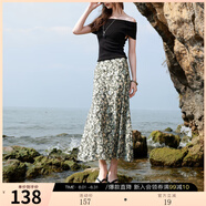 三彩2025夏季新款碎花半身裙斜裁A字裙松緊腰魚(yú)尾裙浪漫長(zhǎng)裙M 霧霾藍(lán)花卉 M 160/68A