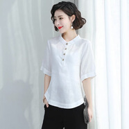 啄木鳥(niǎo)2025新款棉麻t恤女中袖亞麻短袖女夏季寬松大碼韓版顯瘦苧麻上衣 白色 XL 建議：115-130斤