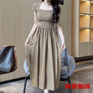 咚憬韓版感氣質(zhì)方領(lǐng)百褶連衣裙新款修身收腰顯瘦長(cháng)裙女 卡其色 S