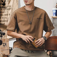 花花公子（PLAYBOY）夏季加肥加大韓版寬松休閑潮流大碼男裝胖子短袖T恤肥佬半袖體恤 咖啡色#T21 M  90-100斤