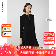 朗姿羊毛法式高級感氣質(zhì)長袖收腰顯瘦裙子女春季新款連衣裙 黑色 XL