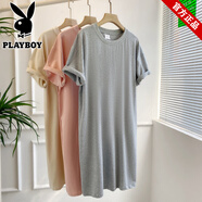 花花公子（PLAYBOY）特大碼300斤胖MM夏季新款棉質(zhì)短袖t恤裙女韓版寬松連衣裙過(guò)膝長(zhǎng)裙 淺灰色(版) 5XL 建議 260-300 斤