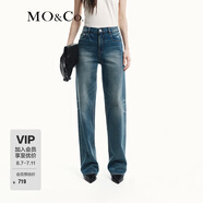 MO&Co.2024秋新品中低腰磨白精裁直筒微彈萊卡棉牛仔褲