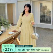 惟友大碼連衣裙胖妹妹女裝春裝胖mm200斤遮肚子加肥加大文藝裙 奶黃色 2XL 【尺碼偏大】 建議150-170斤