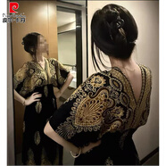 皮爾卡丹2025夏季民族風(fēng)棉綢連衣裙蝙蝠袖碎花V領(lǐng)a字顯瘦高腰仙女沙灘長(cháng)裙 N扇花底藍 XL