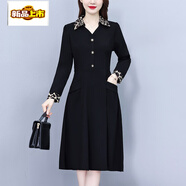 初徑大碼女裝春秋季胖人寬松遮肚連衣裙時(shí)尚豹紋翻領(lǐng)氣質(zhì)減齡裙子 黑色  L 建議90-105斤