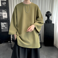 尊首（ZUNSHOU）純色七分袖男士T恤夏季港風(fēng)青少年寬松落肩7分上衣套頭衫百搭休閑 橄欖綠 M