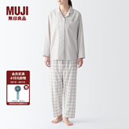 無(wú)印良品（MUJI） 女式 無(wú)側縫雙層紗織睡衣女士家居服春秋純棉條紋格紋長(cháng)袖 女款 淺米色格紋 M (上裝160/84A下裝160/66A)