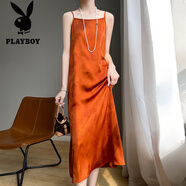 花花公子;PLAYBOY醋酸提花連衣裙夏季輕奢顯瘦氣質(zhì)綢緞女百搭仿真絲緞面長裙 橘色 M 【85-】
