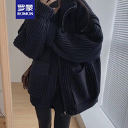 羅蒙（ROMON）高領(lǐng)毛衣開衫針織外套女秋冬2025新款加厚克萊因藍針織夾克潮ins 黑色 均碼 -90-135斤