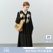 FANSILANEN范思藍(lán)恩22FS4178長(zhǎng)袖內(nèi)搭針織連衣裙女秋冬V領(lǐng)毛衣裙中長(zhǎng)款過(guò)膝 黑色 M