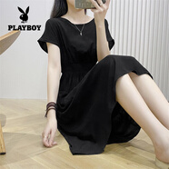 花花公子（PLAYBOY）純色棉綢連衣裙波西米亞碎花裙夏季海邊度假沙灘裙人棉印花仙女裙 黑色 M 90-105斤