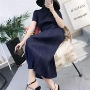 日本三宅一生褶皺連衣裙衣服女氣質(zhì)減齡大碼顯瘦長款純色壓褶裙 藏青色 日本三宅一生 均碼 90-160斤左右均可 日本三宅