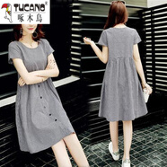 啄木鳥(niǎo)（TUCANO）黑白格子中長(cháng)大碼連衣裙夏季韓版休閑文藝洋氣寬松短袖圓領(lǐng)顯瘦裙 黑格 M 【建議105斤以下】