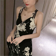 VEOX2025夏季新款韓版中長(zhǎng)款印花露背性感吊帶連衣裙女度假大擺沙灘裙 黑色 S 建議80-95斤