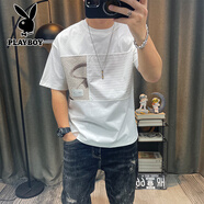 花花公子（PLAYBOY）短袖T恤男士2025夏季新款高端純棉拼接休閑潮體恤衫 米白色 M 90-115斤