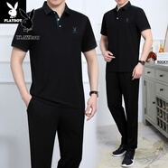 花花公子短袖t恤男套裝夏季薄款上衣男長(zhǎng)褲子一套衣服中老年爸爸成熟男裝 SYX3959黑色 L（100-120斤）