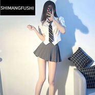 嬅欣學(xué)院風(fēng)短款襯衫女修身襯衣領(lǐng)帶法式收腰上衣搭配百褶裙jk制服套裝 套裝白襯衫帶領(lǐng)帶灰色百褶裙 M建議91-100斤