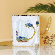 Luxury Flowers創(chuàng)意藍(lán)玫瑰琺瑯彩水杯茶杯歐式玻璃果汁杯套裝家用耐高溫花茶杯送 藍(lán)玫瑰高款+琺瑯勺 禮盒裝 350ml