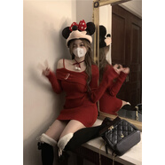 FHHUABD純欲風(fēng)一字肩針織連衣裙女秋冬修身性感露肩圣誕紅色包臀毛衣裙子 紅色 S建議93斤以?xún)?nèi) 均碼