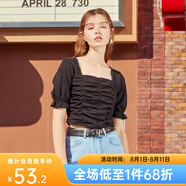 西遇復(fù)古方領(lǐng)針織短袖女2024年夏季新款褶皺高腰短款t恤女純色小個(gè)子 黑色(D0300873) S