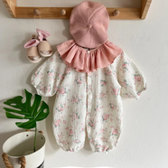 童泰貝康女寶寶荷葉領嬰幼兒連體衣可愛公主碎花連體服爬服ins風棉外出服 粉領碎花長爬 80cm