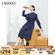 lagogo抽繩收腰文藝通勤連衣裙女拉谷谷春秋新款不對稱設(shè)計a字裙 藏青色(M0) L