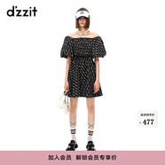 DZZIT地素春夏新款法式復古一字肩泡泡袖愛心鏈條滿印連衣裙3H2O5056T 深藍色 XS