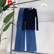 皮爾卡丹（pierre cardin）胖mm大碼工裝牛仔長(cháng)褲女直筒闊腿寬松高腰拖地顯瘦學(xué)生加肥200斤 【兩件套：1520藍+881-黑色】 M 【 建議100斤以下】