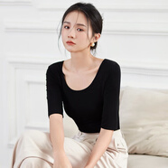 雅鹿雙U領(lǐng)中袖T恤女低領(lǐng)修身內(nèi)搭2025新款五分袖春夏洋氣打底上衣 黑色 L 【102-114斤】