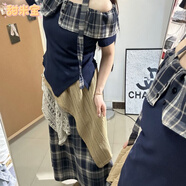 甜米寶波西米亞復(fù)古一字肩格子短袖套裝女學(xué)生夏季新款蕾絲半身裙兩件套 藏藍(lán)套裝  M 100-110斤