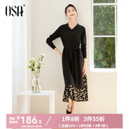 歐莎（OSA）法式V領(lǐng)顯瘦田園風(fēng)碎花邊連衣裙雪紡拼接裙子女秋季新款旅游穿搭 黑色 M