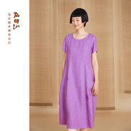 指間沙2525263女裝25夏中式圓領(lǐng)短袖刺繡修身亞麻連衣裙A版文藝 雪青色101 XL